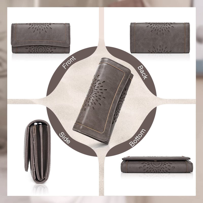 APHISON Womens Wallets RFID Blocking PU Leather Clutch Long Wallet for Women Card Holder Phone Organizer Ladies Travel Purse Hollow Out Sunflower Design Gift Box 2214 Dark-gray - Image 3